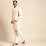 Men White Woven Design Sherwani Set